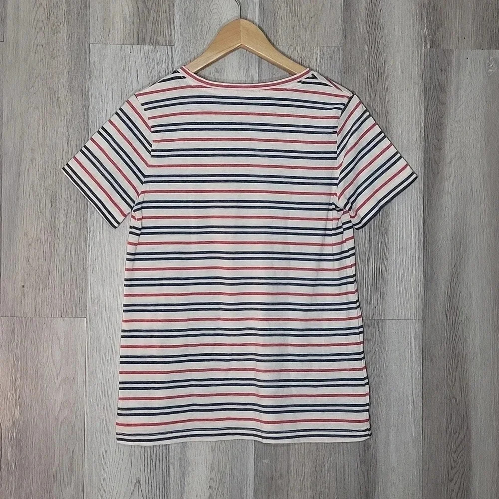 Lucky Brand White Red Blue Stripe Short Sleeve V Neck Casual Tee Womens Med - Picture 2 of 5